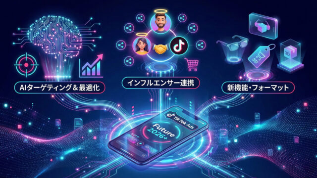 2026年以降のTikTok広告の未来展望とトレンドを視覚化したアイキャッチ画像。中心のスマートフォンから、AIによる「ターゲティング&最適化」、相乗効果を生む「インフルエンサー連携」、そしてARや3Dコマースなどの「新機能・フォーマット」という3つの主要な進化が、未来的なデジタルネットワークとして広がっている様子が描かれている。