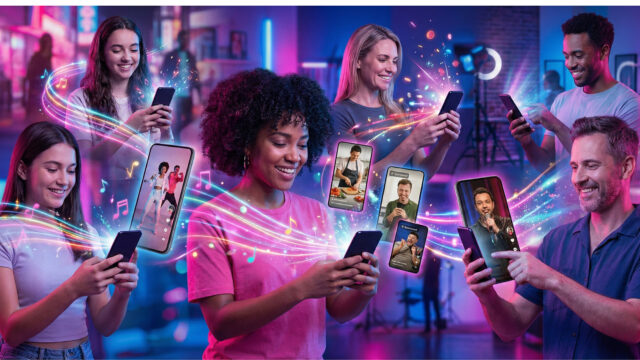 ネオンが輝くエネルギッシュな背景の中、10代から40代と思われる多様な男女が笑顔でスマートフォンを見ているアイキャッチ画像。それぞれのスマホ画面にはダンスや料理などのショート動画が表示され、そこからカラフルな光の軌跡や音符が飛び出し、TikTokのようなプラットフォームでの楽しい動画視聴体験と、幅広いユーザー層へのリーチを表現している。