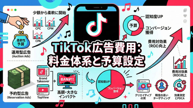 TikTok広告の料金体系(運用型・予約型)の違いと、目的に応じた効果的な予算設定、費用対効果(ROI)を高めるためのポイントをまとめたインフォグラフィック。