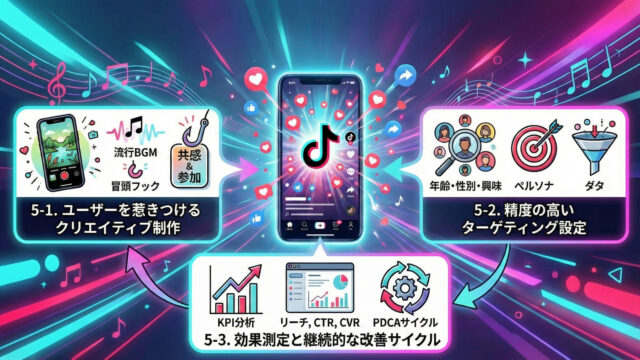 TikTok広告運用の成功に必要な3つの秘訣(クリエイティブ制作・高精度なターゲティング・効果測定とPDCA改善)を表現したインフォグラフィック