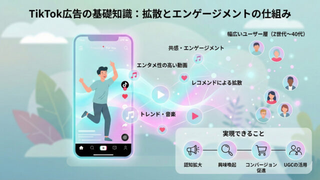 TikTok広告の基礎知識とマーケティング効果（認知拡大・コンバージョン・UGC活用）や、Z世代などの主要ターゲット層との親和性を視覚化したインフォグラフィック