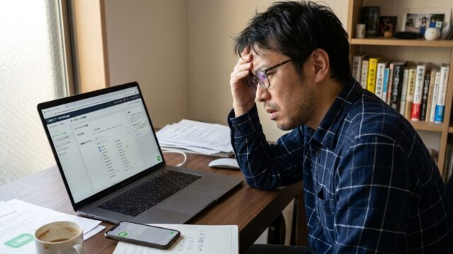 パソコンの画面を見つめ、LINE広告のターゲティング設定に悩んでいる30代の男性