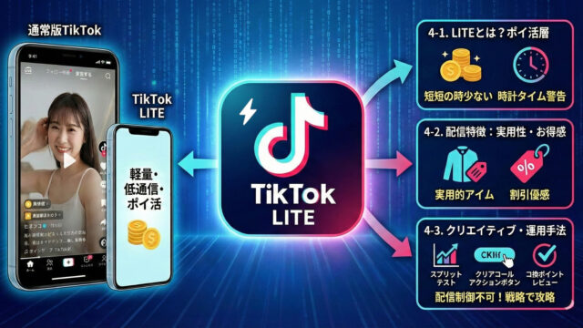 TikTok LITEの広告活用法と配信面としての可能性を解説するインフォグラフィック。通常版TikTokとの違い、ポイ活目的のユーザー層、実用性を重視する配信特徴に加え、配信制御ができない中でのクリエイティブ戦略（スプリットテストやアクションボタンの工夫など）を図解している。