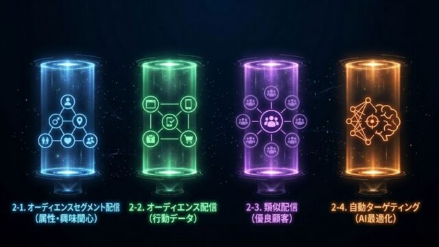 4種類のターゲティング手法（オーディエンスセグメント配信、オーディエンス配信、類似配信、自動ターゲティング）を表す4つの光の柱のホログラム画像