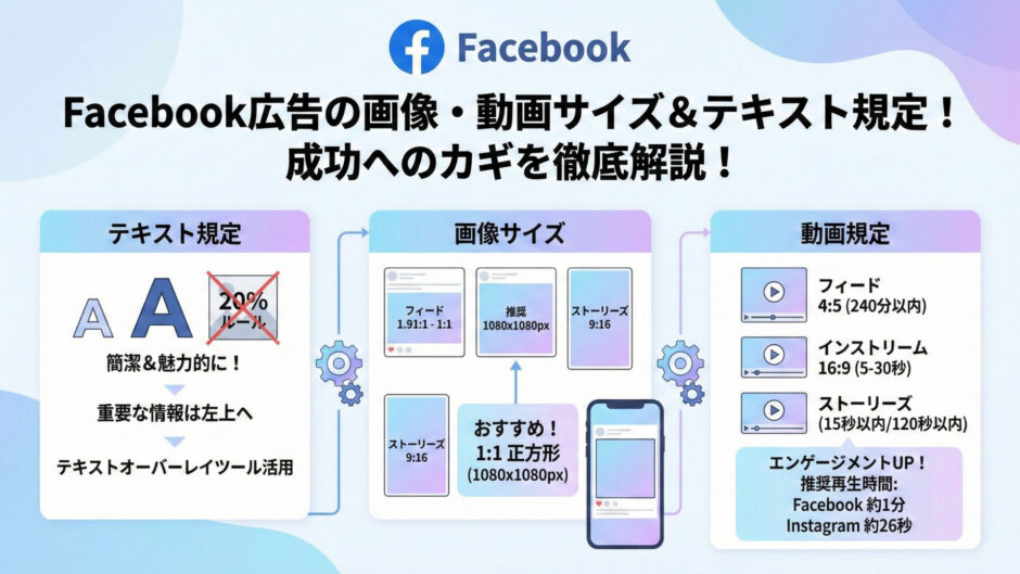 Facebook広告の画像・動画サイズおよびテキスト規定を解説したインフォグラフィック。テキスト規定では20%ルールや重要な情報の配置について、画像サイズでは推奨される1:1正方形（1080x1080px）や各配置のアスペクト比について、動画規定では各配置のアスペクト比、時間制限、推奨再生時間（Facebook約1分、Instagram約26秒）についてを図解で示している