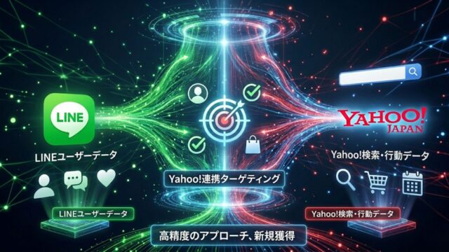 LINEユーザーデータとYahoo! JAPANの検索・行動データが統合され、精度の高い「Yahoo!連携ターゲティング」になる仕組みを表現したイメージ画像