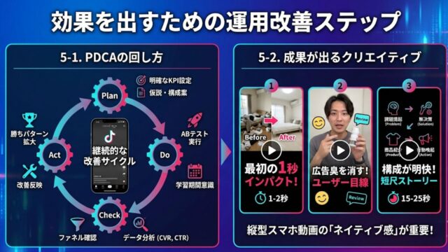 TikTok広告の運用改善とPDCAサイクル（分析・テストの繰り返し）を視覚化したイメージイラスト。成果を出すためのクリエイティブ改善やKPI分析といった成功プロセスを表現している