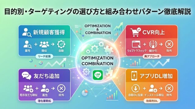 目的別（新規顧客獲得、CVR向上、友だち追加、アプリDL増加）のターゲティングの選び方と組み合わせパターンを図解したアイキャッチ画像