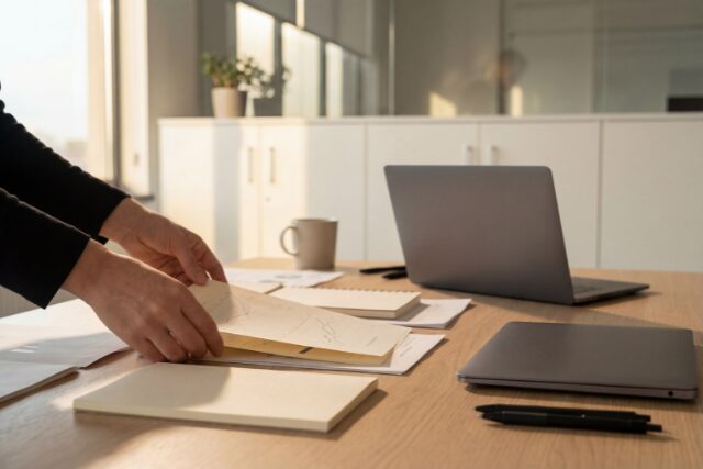 広告運用に含まれる業務の全体像をノートと書類で整理したデスクのイメージ