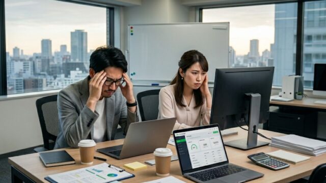 パソコン画面を前に、オフィスで頭を抱えて悩む男女の広告担当者のイメージ画像