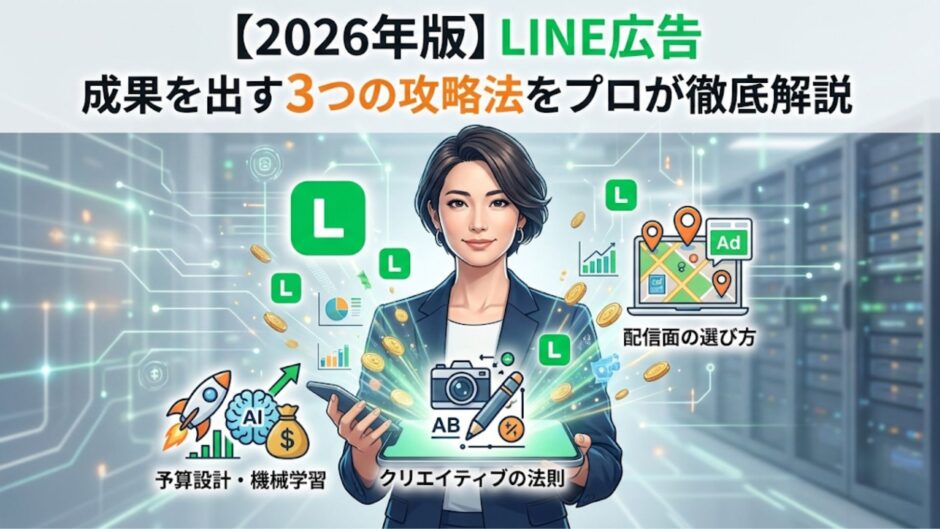Gemini の回答 LINE広告 成果を出す3つの攻略法を解説するプロフェッショナルな日本人女性のイラスト。タブレットから『予算設計・機械学習』『クリエイティブの法則』『配信面の選び方』を視覚化したアイコンが飛び出している。
